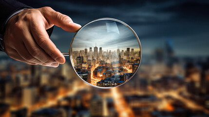 Businessman Realtor Inspecting City With Magnifying Glass
