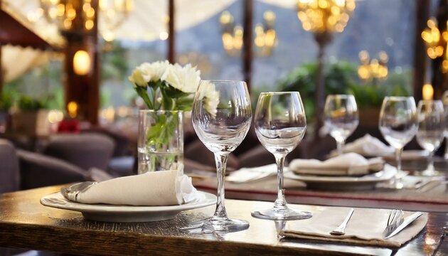 table set for a wedding reception, Glasses of white wine served on table in restaurant