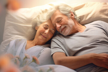 An elderly man and woman, a couple in love, laying together in a bed
