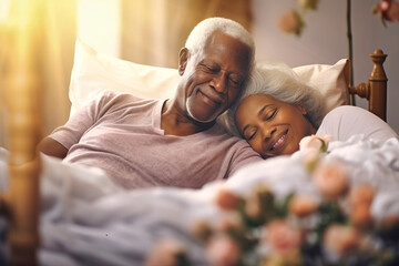 An elderly dark-skinned man and woman laying together in bed, exuding love and romance