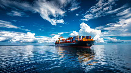A cargo ship carrying containers sits in the water under a cloudy blue sky, preparing for transport - obrazy, fototapety, plakaty