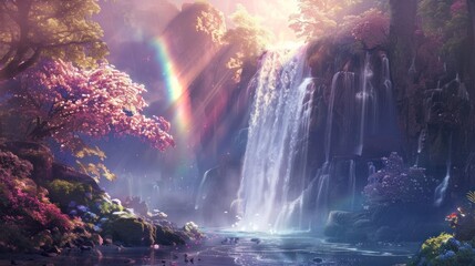 Mystical waterfall with cascading waters shimmering in sunlight and dancing rainbows. - obrazy, fototapety, plakaty