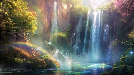 Mystical waterfall with shimmering waters and dancing rainbows.