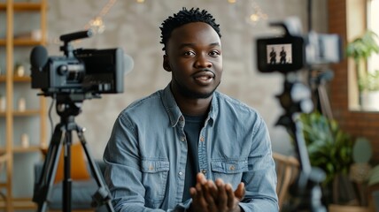 Black male influencer or content creator recording a podcast video.