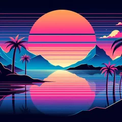 Foto op Plexiglas レトロな未来的な 80 年代のシンセウェーブの風景と太陽の背景 - 3 D イラストレーションのレンダリング © Fabian