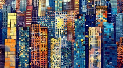 A row of tall buildings their smooth and uniform exterior disrupted by the sporadic placement of colorful mosaic tiles adding a touch of whimsy to the citys architectural