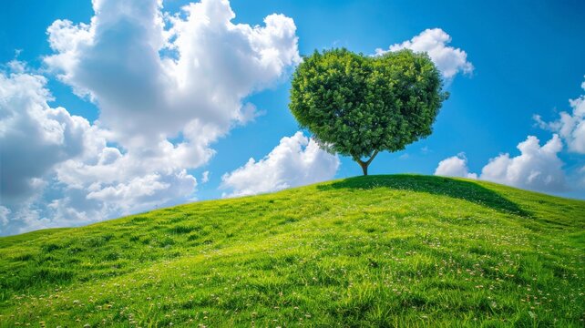 Green grass on slope with heart shape green tree under blue sky. Beauty nature. Good environment. World Environment Day. World day against drought and drought problems.
