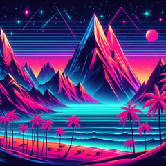 80 年代の日の出または日没とレトロなサイエンス フィクションの背景。 1980 年代のポスター スタイルのベクトル未来的なシンセ レトロな波のイラスト。ベクトル イラスト