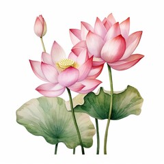 Lotus clipart, watercolor illustration clipart, 1500s, isolated on white background , low noise
