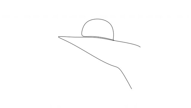 Abstract linear drawing of a woman wearing a hat. Minimal portrait. Head fashionable accessory.   Cap headgears for lady. Hand drawn vector illustration.