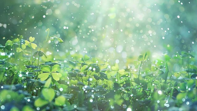 magic background with clover and raindrops. seamless looping overlay 4k virtual video animation background