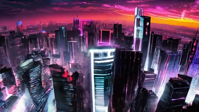 aerial drone view of 3d animation the city with neon futuristic cyberpunk light effects in the night.