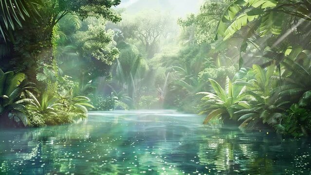 beautiful natural green filter tropical forest with lake. seamless looping overlay 4k virtual video animation background