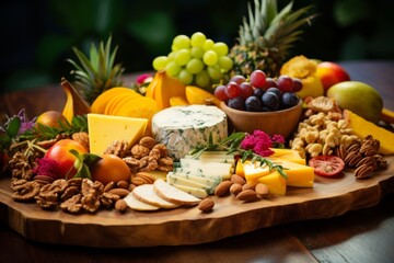 Tropical fruits, cheeses, crackers, and dips, perfect for indulging in a Tropical vacation-themed food and beverage feast