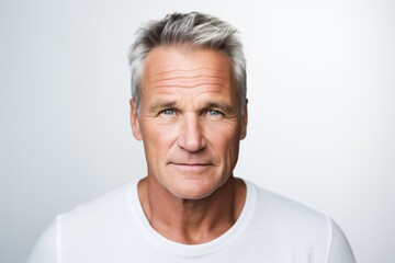 Portrait of mature man looking at camera with serious expression on grey background - obrazy, fototapety, plakaty