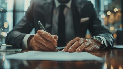 Close up hands of businessman in a suit signing a document at the desk in office