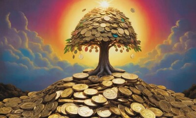 Money concept, tree growing on a stack of coins. Earnings concept