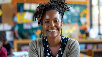 Black female teacher smiling in class at elementary school.Happy in her work.