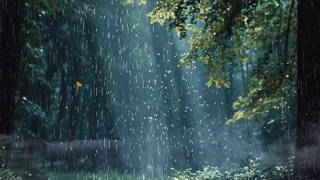 rain in the forest. nature background in a forest. seamless looping overlay 4k virtual video animation background