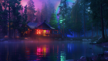 Fototapeta premium Vibrant Cabin in the Woods with Rainbow