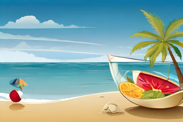 Fototapeta na wymiar beach with coconut palm trees beach, sea, summer, palm, sand, ocean, tropical, vector, island, water, tree, sky, illustration, travel, sun, nature,Ai generated 