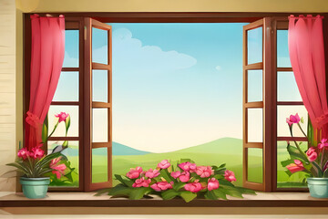 window and flowers  room, interior, curtain, view, home, house, door, frame, wooden, old, wood, glass, green,Ai generated 