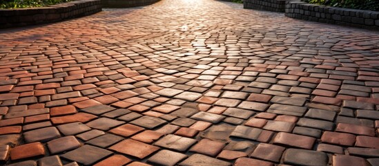 A detailed view of a cobblestone driveway with sunlight filtering through the bricks, showcasing the beauty of this traditional building material