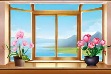 window with flowers and sky.  interior, curtain, house, room, view, home, flower, architecture, glass, frame, wooden,Ai generated 