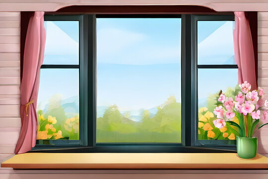 window with flowers in the background.  window, view, interior, house, curtain, home, room, glass, frame, green, landscape, white,Ai generated 