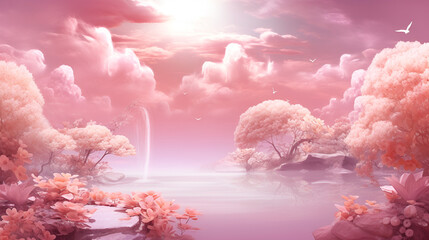 Pink Sky With Clouds and pink trees dreamy scenery art nature heaven pink background