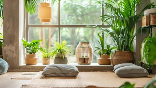A comfortable meditation corner with floor cushions surrounded by calming indoor plants and a large window for natural light to pour . AI generation.
