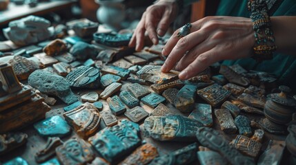Hands Sorting Through Ancient Artifacts at Market