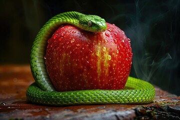 Snake with red apple, Bible story.	

