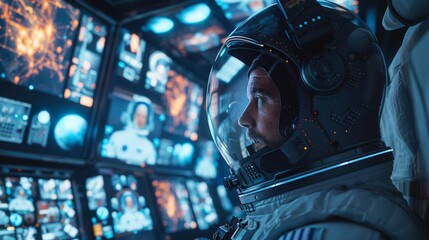 Astronaut Wearing Helmet with Reflections of Space Mission Control