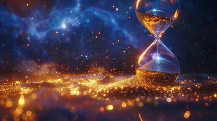 A cosmic dance unfolds as the sands of time transform into twinkling stars within the hourglass - obrazy, fototapety, plakaty