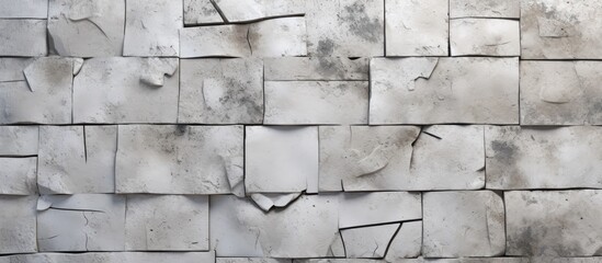 Fototapeta premium A closeup of a grey brick wall with rectangular shapes forming a monochrome pattern. The parallel lines create a monochrome photography effect on the buildings facade