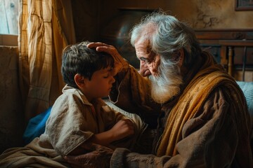 Old Isaac blessing his son Jacob. - obrazy, fototapety, plakaty