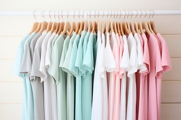 T-shirts of pastel colors in minimalist style hanging on hangers, white wooden background