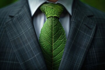 Businessman in a suit wears a tie made of green leaves.