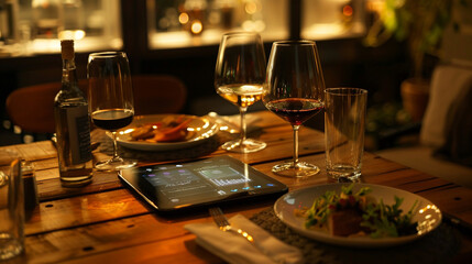 AI-powered wine pairing recommendations displayed on the wooden table, helping diners select the perfect wine to complement their meal.
