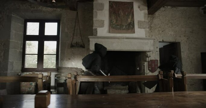 Knight doing parkour across table and dodging hooded men