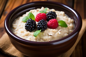 Oatmeal porridge with raspberries and blackberries. Healthy nutritious breakfast