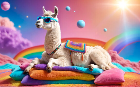 AI generated illustration with a lama in a colorful environment in space with sunglasses laying on pillows