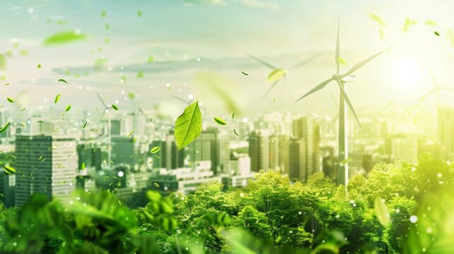 Wind farms in smart cities, renewable energy, sustainable and environmentally friendly.
