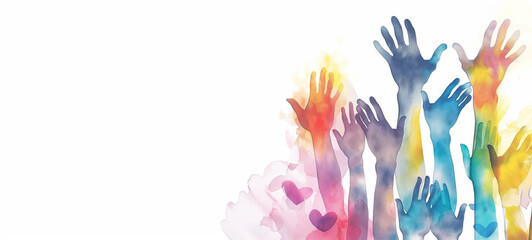 Community Unity. Colorful Raised Hands in Watercolor. Diversity in Harmony. Vibrant Watercolor Hand Silhouettes Isolated on White. Copy Space