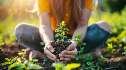 Fototapeta premium world environment day concept girl holding a small tree.