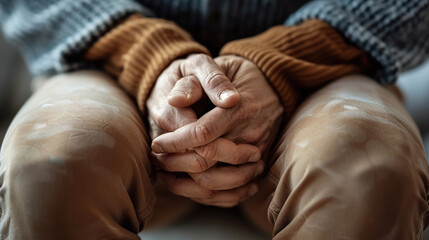 Hands folded by older people in fear or shame because they are incontinent