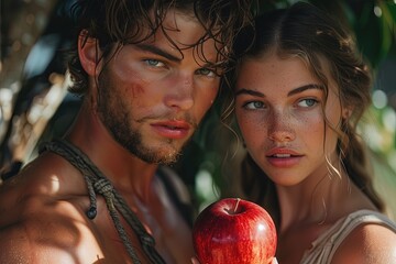 Adam and Eve with an apple. The concept embodies temptation and choice.	