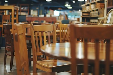 Wooden furniture display in an American warehouse showroom, with a blurred dining table set in the foreground. Concept Furniture Display, American Warehouse, Showroom, Wooden Furniture