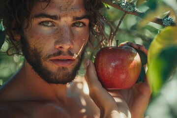 Adam eating forbidden fruit, Bible story.